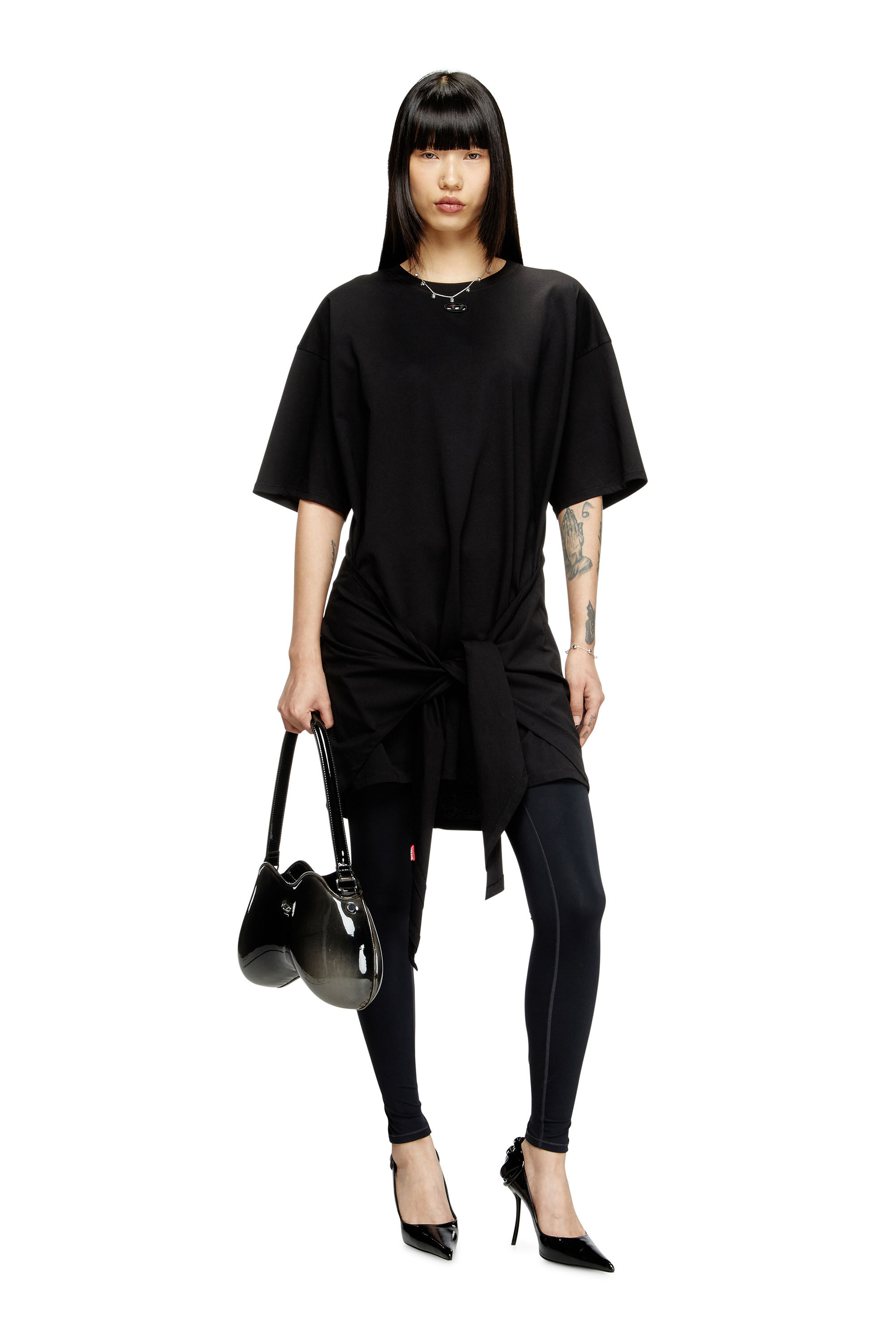 Diesel - D-EIVOR, Woman's T-shirt dress with tie front in Black - 1