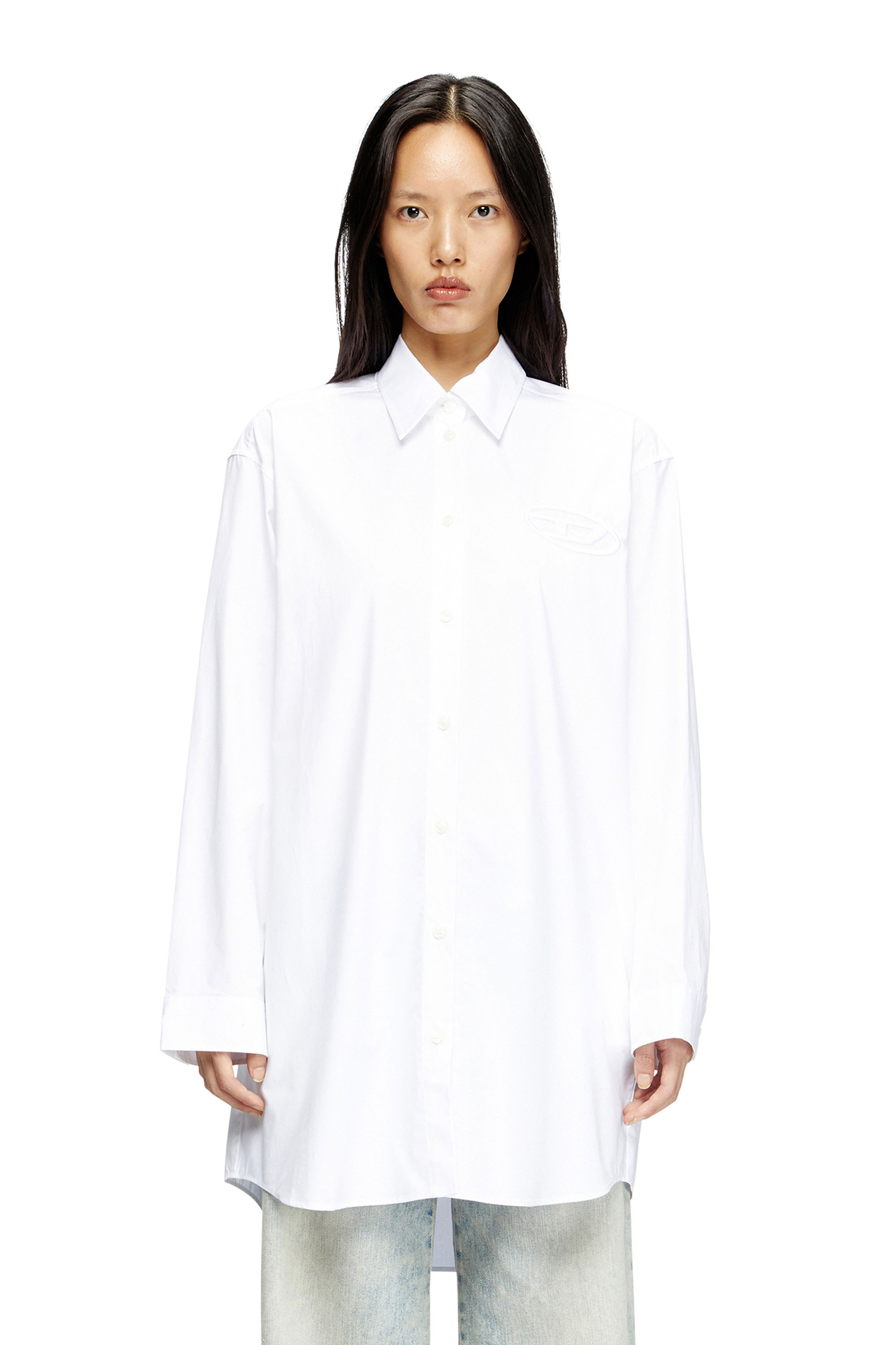 Diesel - D-DALIS, Woman's Short shirt dress with embroidered logo in White - 2