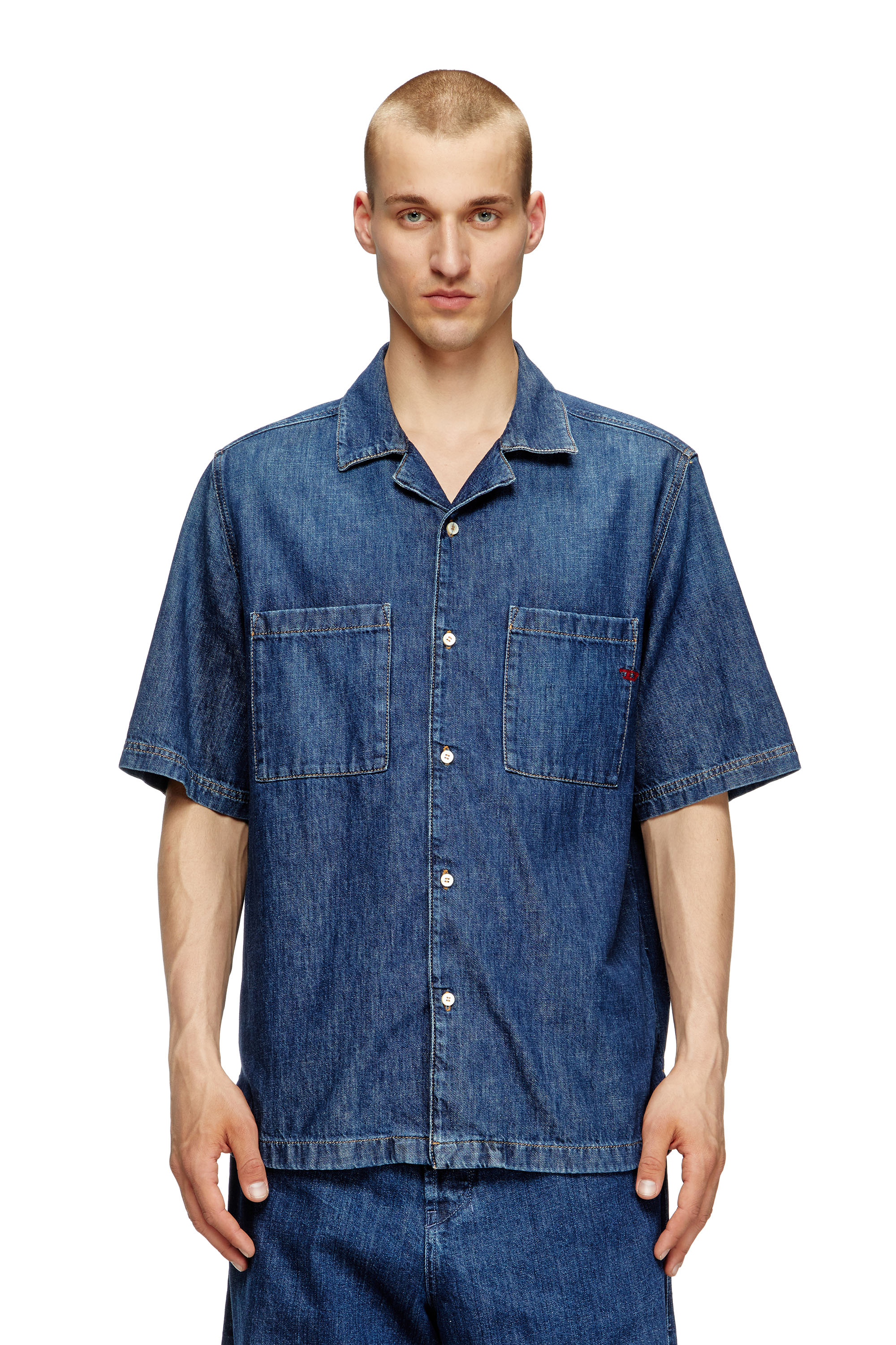 Diesel - D-PAROSHORT, Man's Bowling shirt in denim in Dark Blue - 1