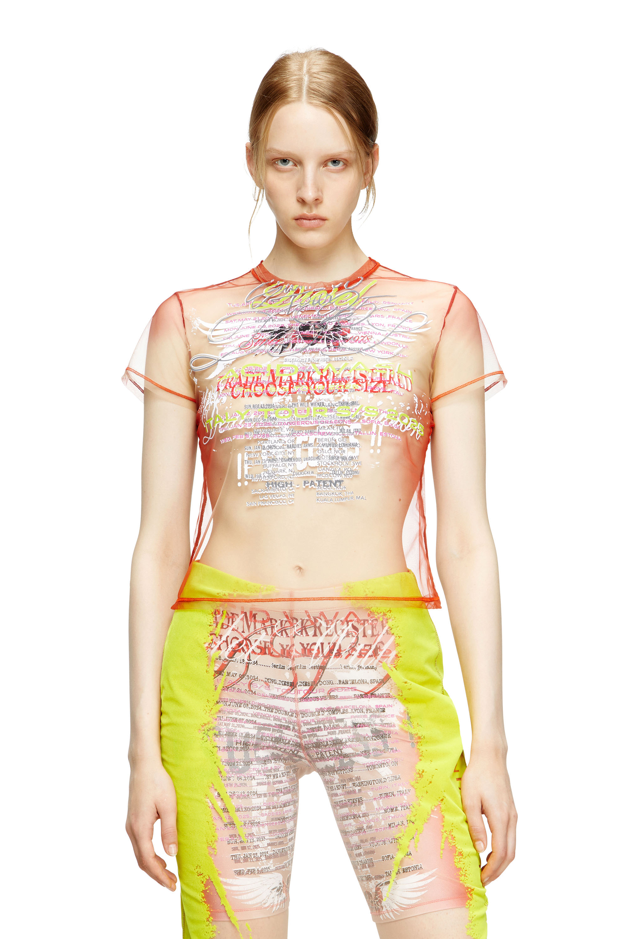 Diesel - T-YRAC, Woman's Sheer top with lyrics print in Pink - 1