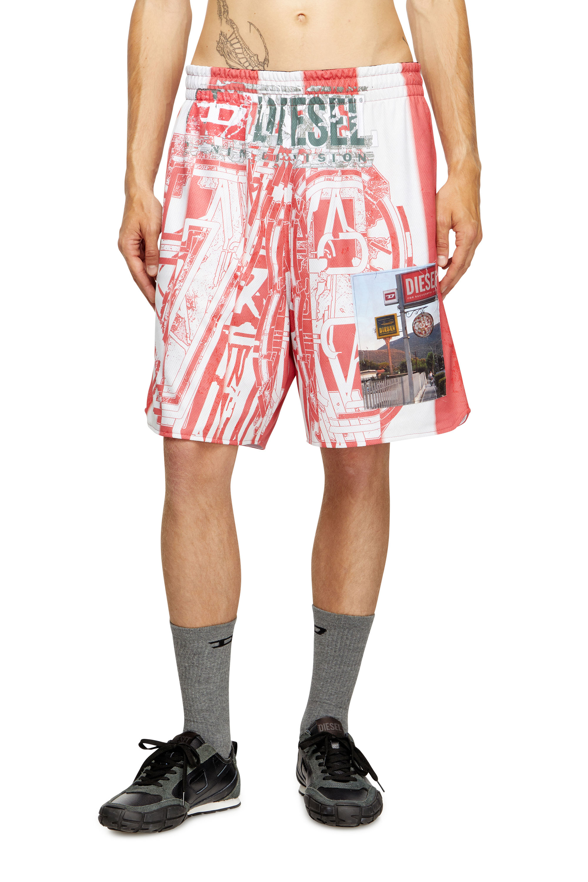 Diesel - P-KURT, Man's Striped shorts with photo patches in Red/White - 2
