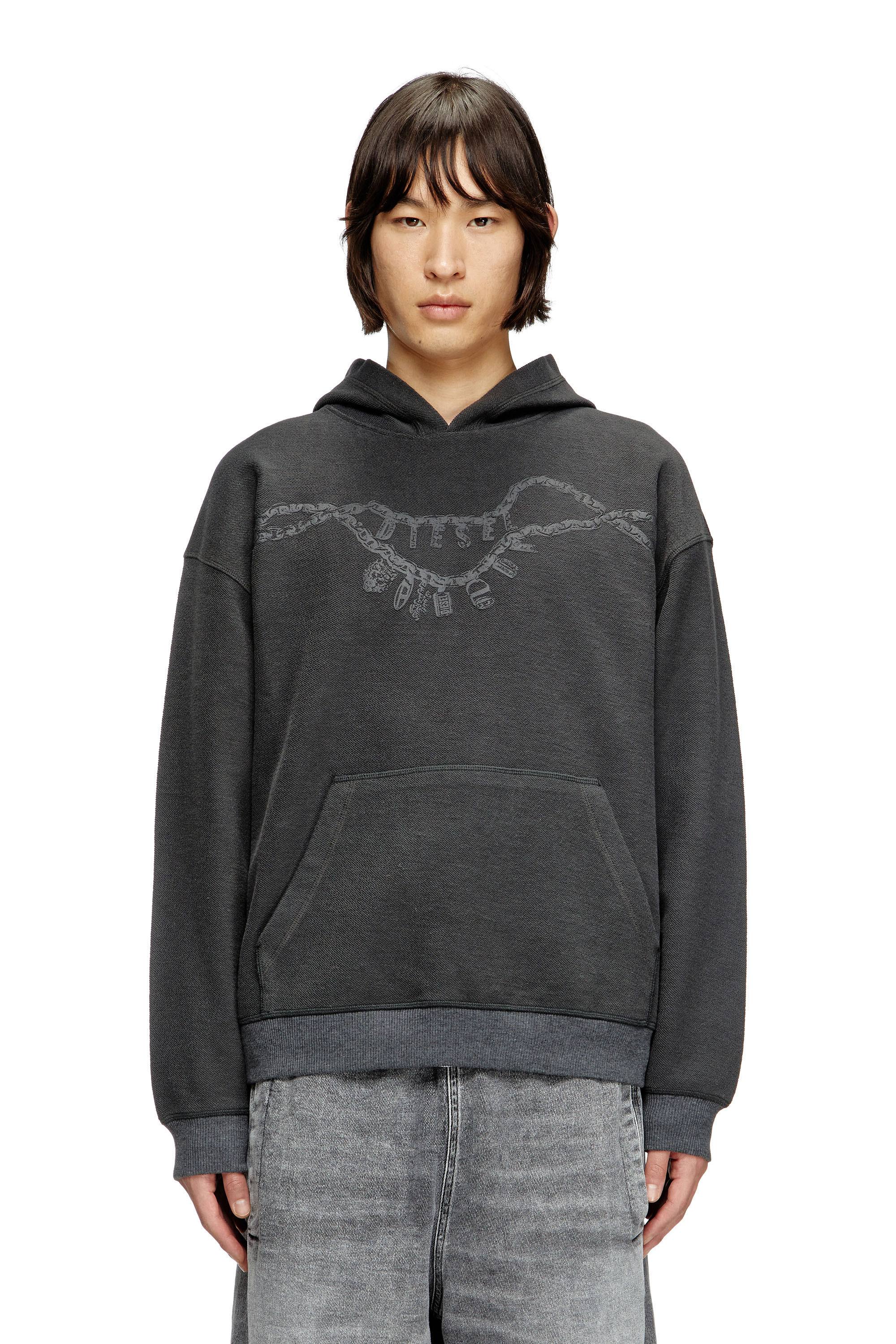 Diesel - S-BOXT-HOOD-HOSHI, Unisex's Hoodie with charm necklace print in Dark grey - 1