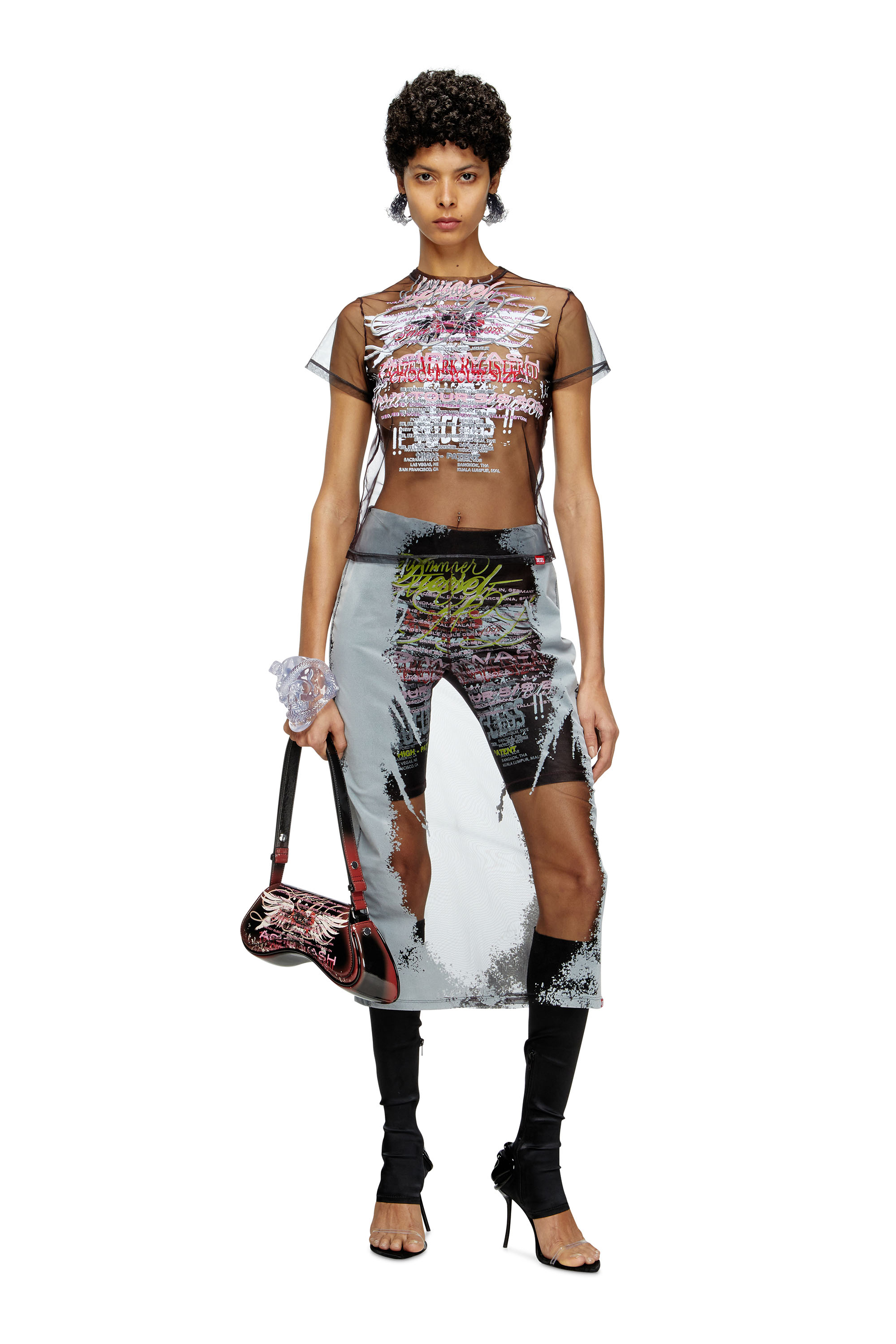 Diesel - T-YRAC, Woman's Sheer top with lyrics print in Black - 2