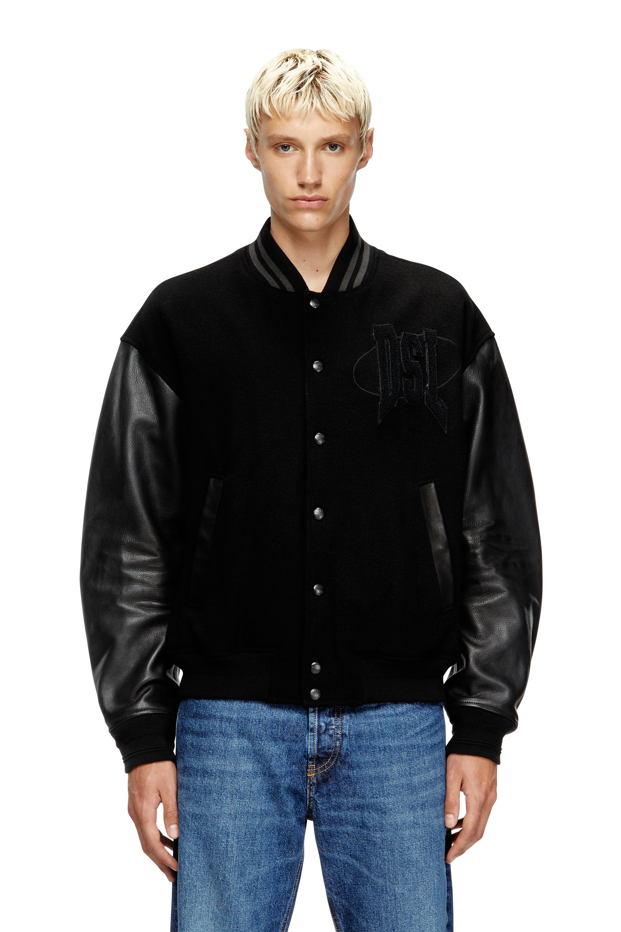 Diesel - L-NYMAN, Man's Varsity bomber jacket in cotton and leather in Black - 1